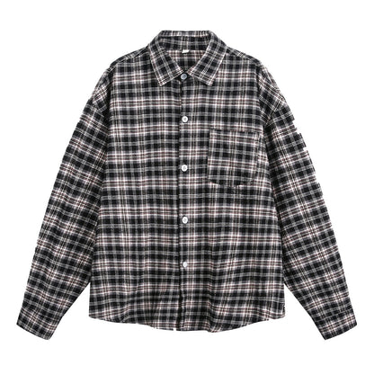 Mens American-Style Retro Color-Block Plaid Long-Sleeve Shirt