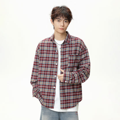 Mens American-Style Retro Color-Block Plaid Long-Sleeve Shirt