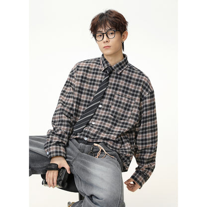 Mens American-Style Retro Color-Block Plaid Long-Sleeve Shirt