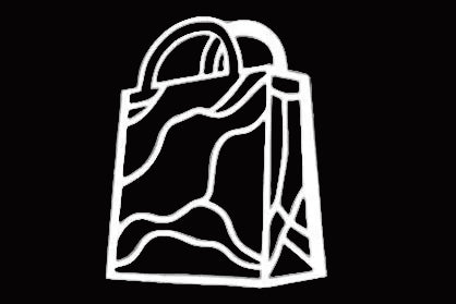 White outline of a shopping bag on a black background